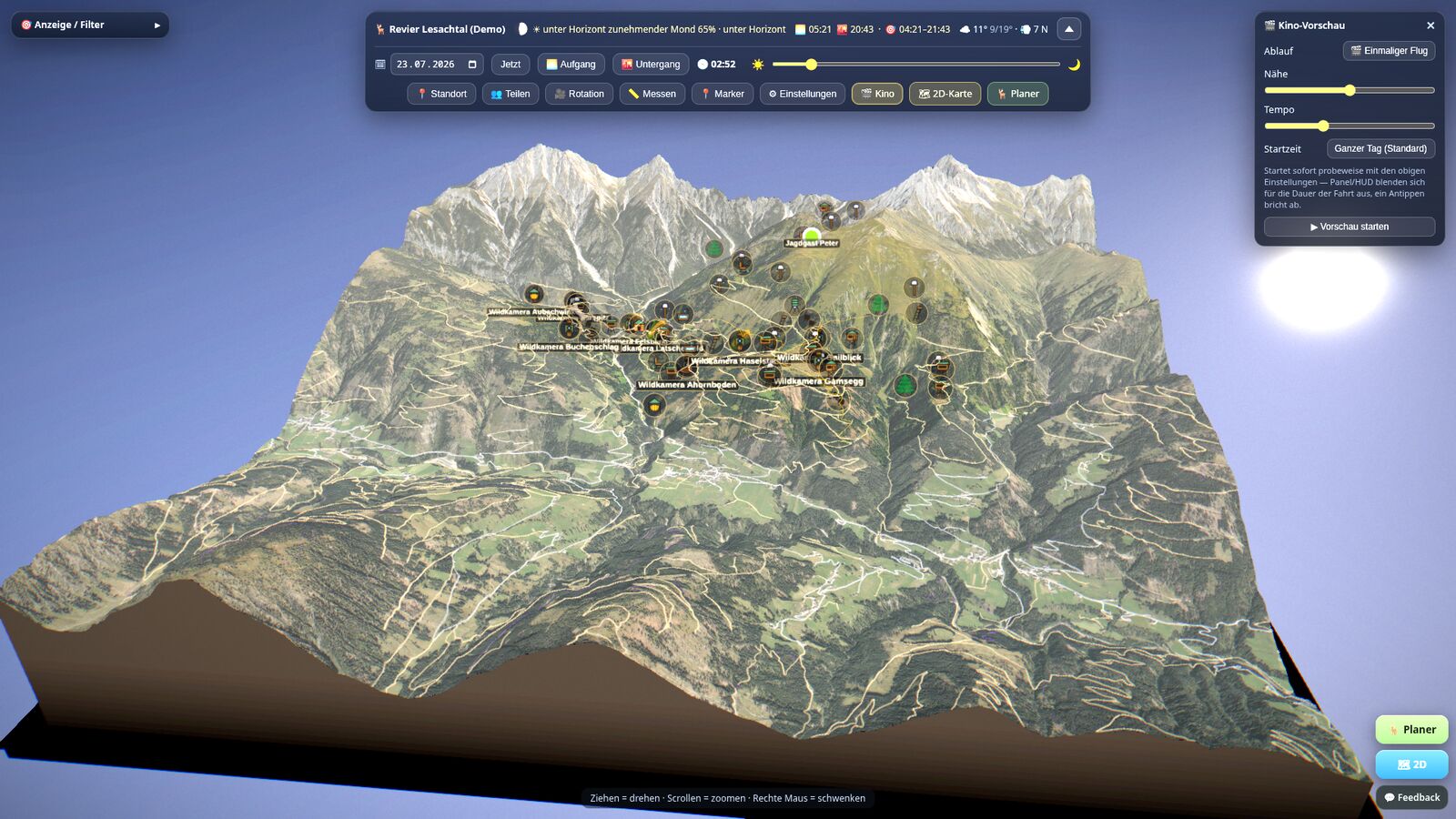 Kamera-Studio im 3D-Diorama mit Profilen, Optik und Tageszeit