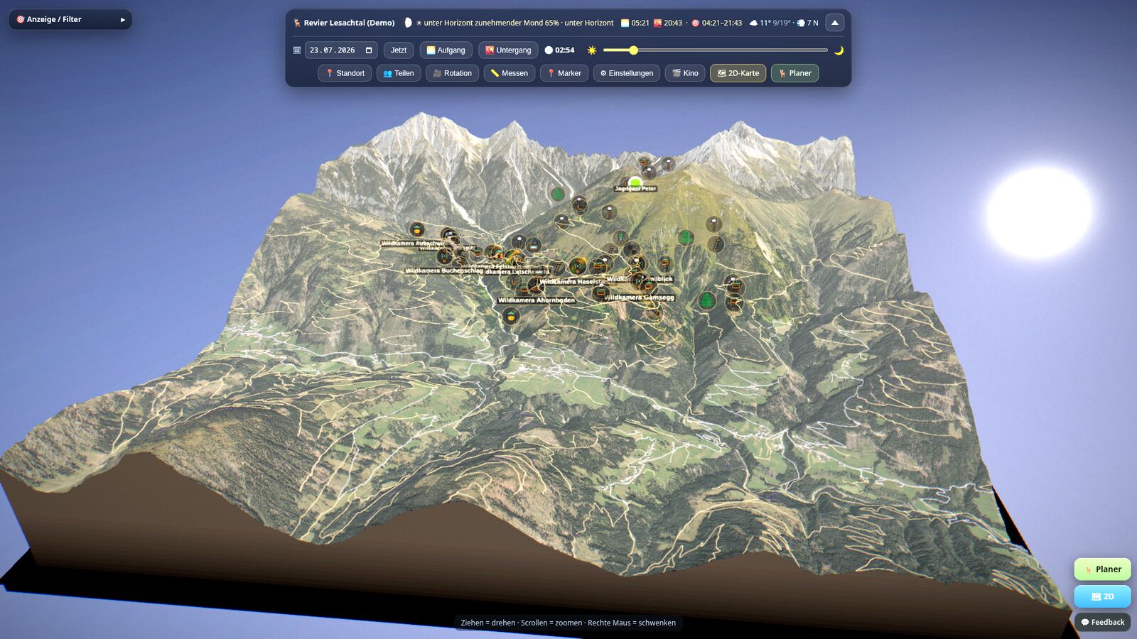 Live-Standort eines Jagdgasts im 3D-Diorama