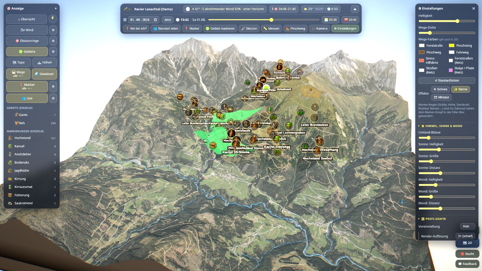 Einstellungen im 3D-Diorama mit aufgeklappten Abschnitten Grafik, Himmel und Anzeige