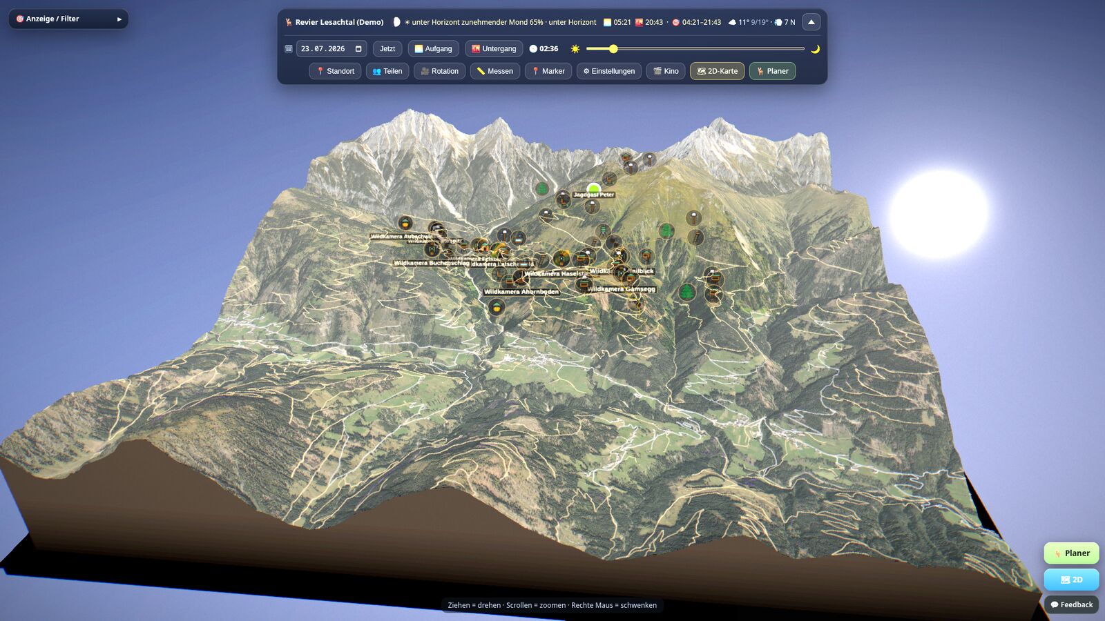 3D-Diorama des Reviers mit Reviergrenze, Wegen und Markern