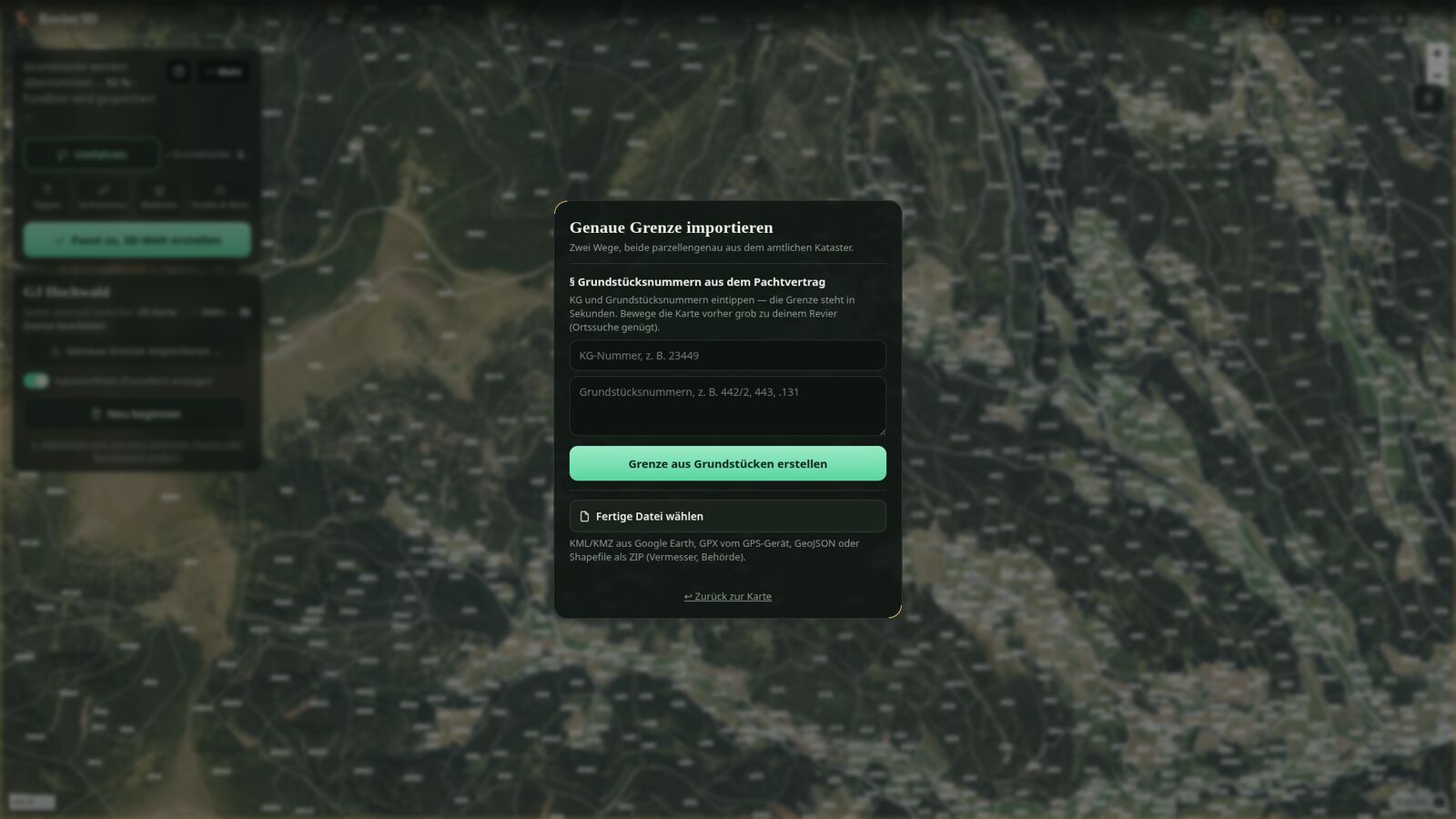 Datei-Import-Overlay im Assistenten: GPX, KML/KMZ, GeoJSON oder Shapefile hochladen