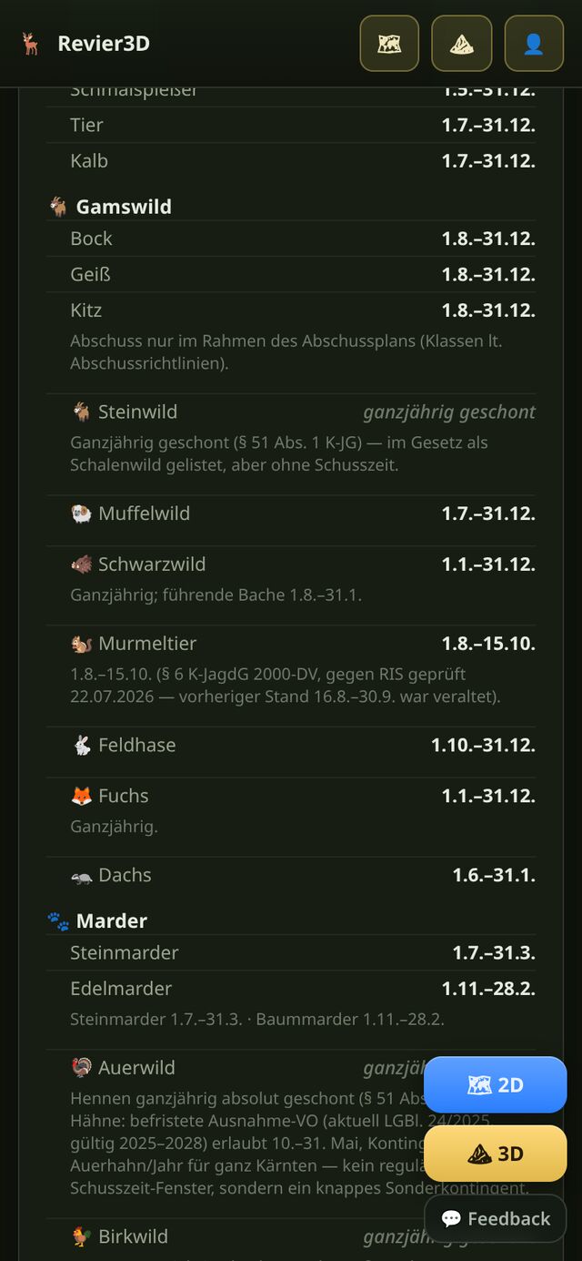 Schusszeiten-Tabelle nach Wildart