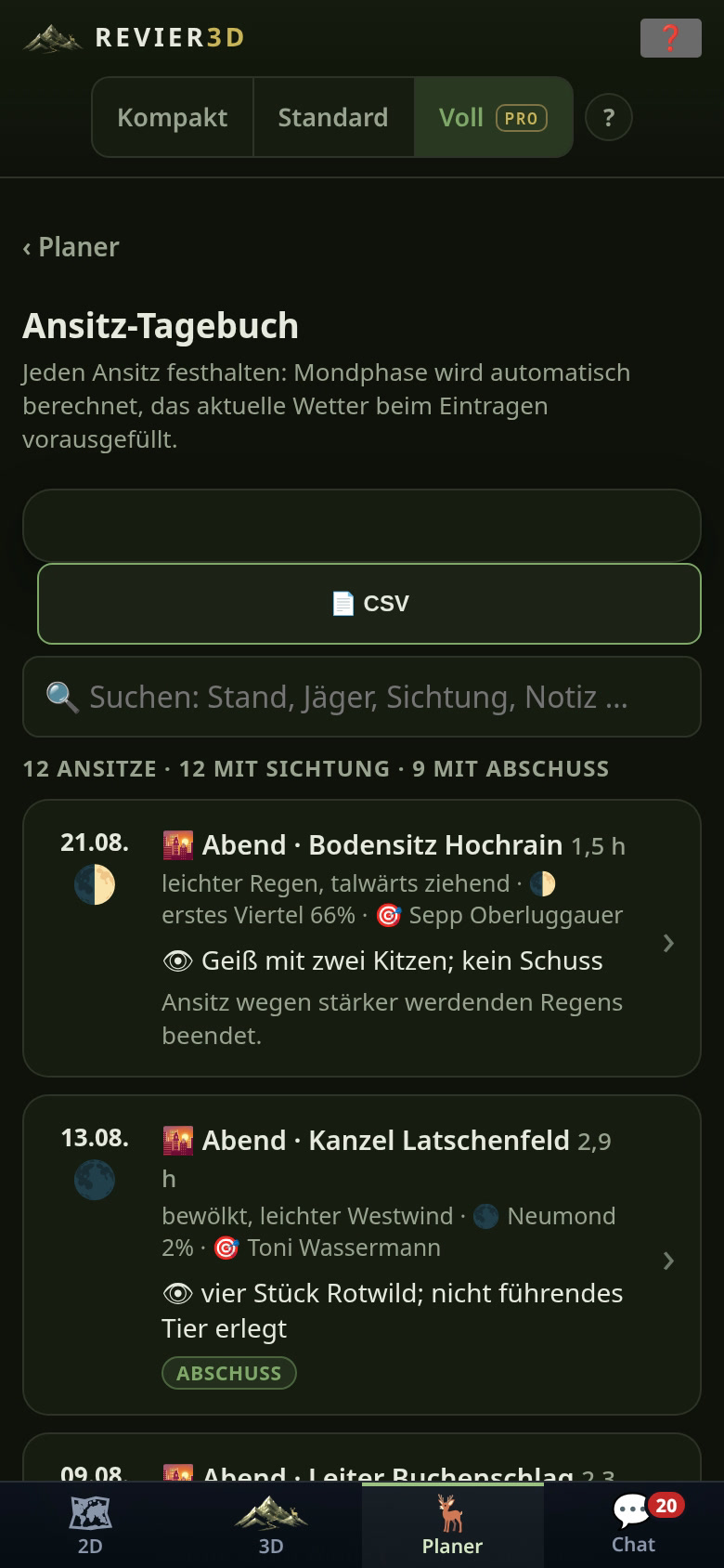 Ansitz-Tagebuch mit Wetter und Mond